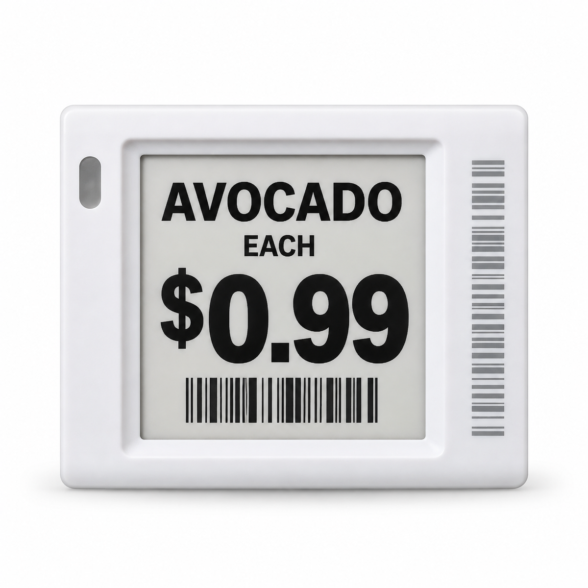 1.5-inch electronic shelf label with sample avocado pricing on a white background
