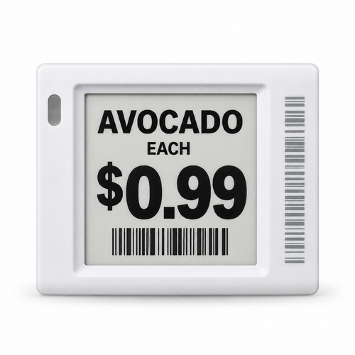 1.5-inch electronic shelf label with sample avocado pricing on a white background