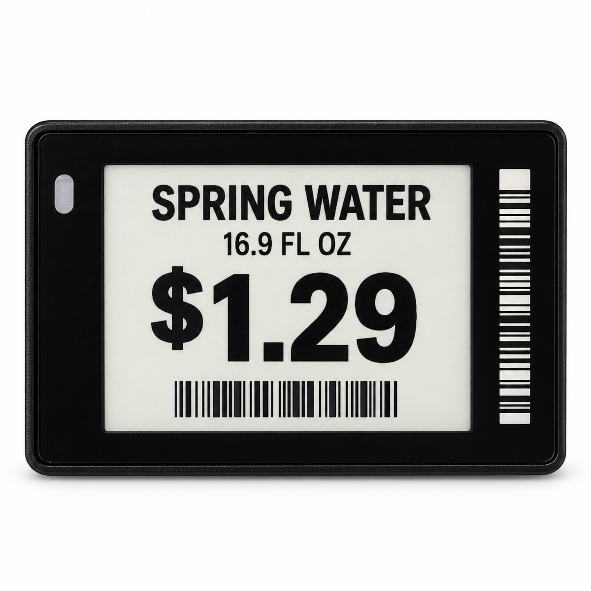 1.8" Electronic Shelf tag with sample grocery pricing on a white background