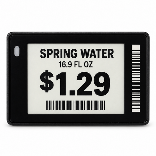 1.8" Electronic Shelf tag with sample grocery pricing on a white background