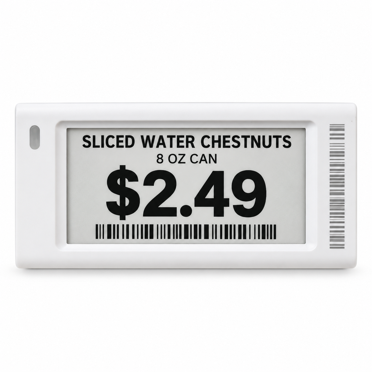2.1" Electronic Shelf Label with sample grocery pricing on a white background