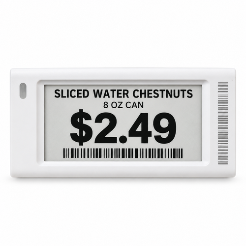 2.1" Electronic Shelf Label with sample grocery pricing on a white background