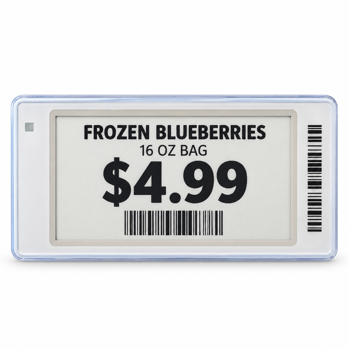 2.6" Electronic Shelf Label Freezer version with sample grocery pricing on a white background