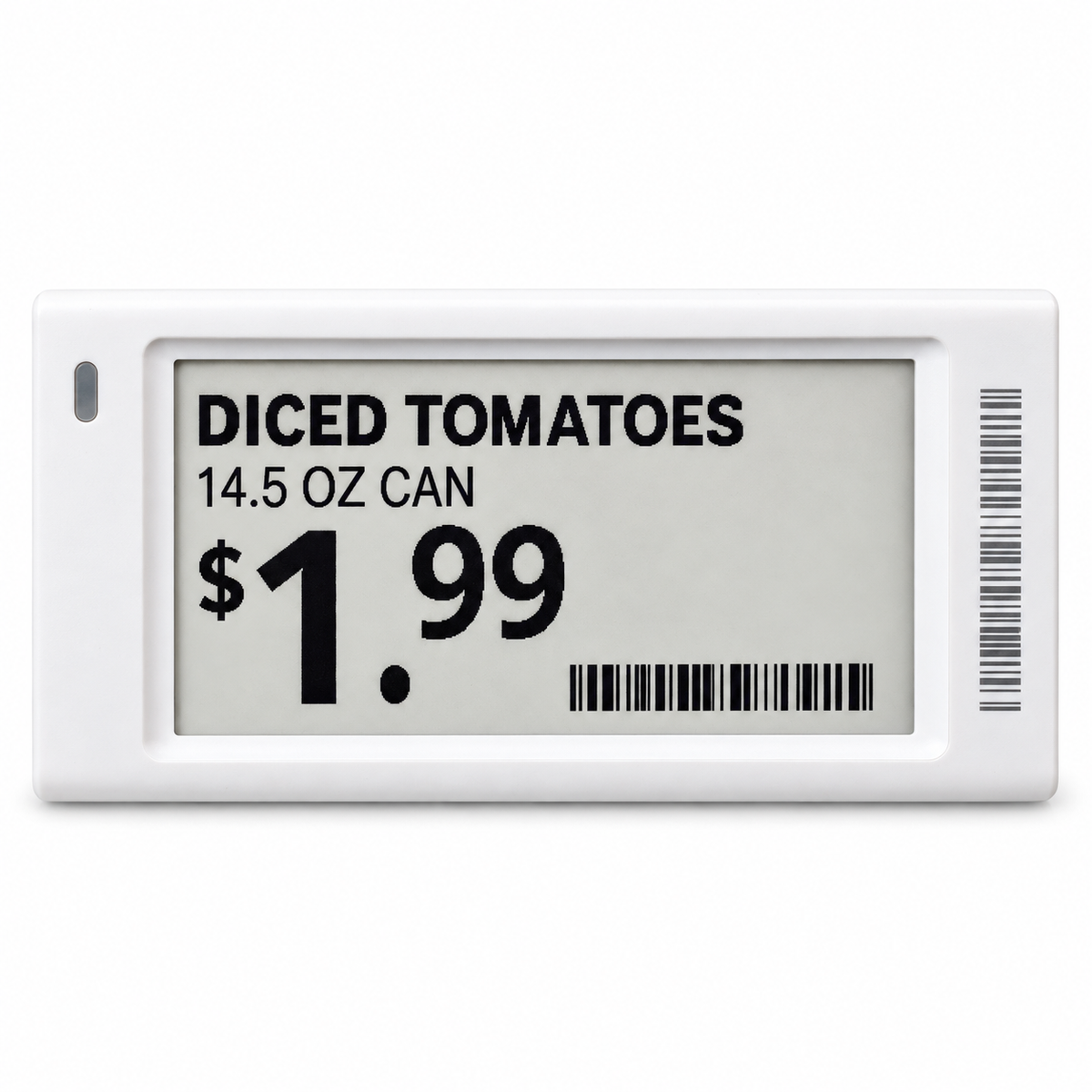 2.6" Electronic Shelf Label with sample grocery pricing on a white background
