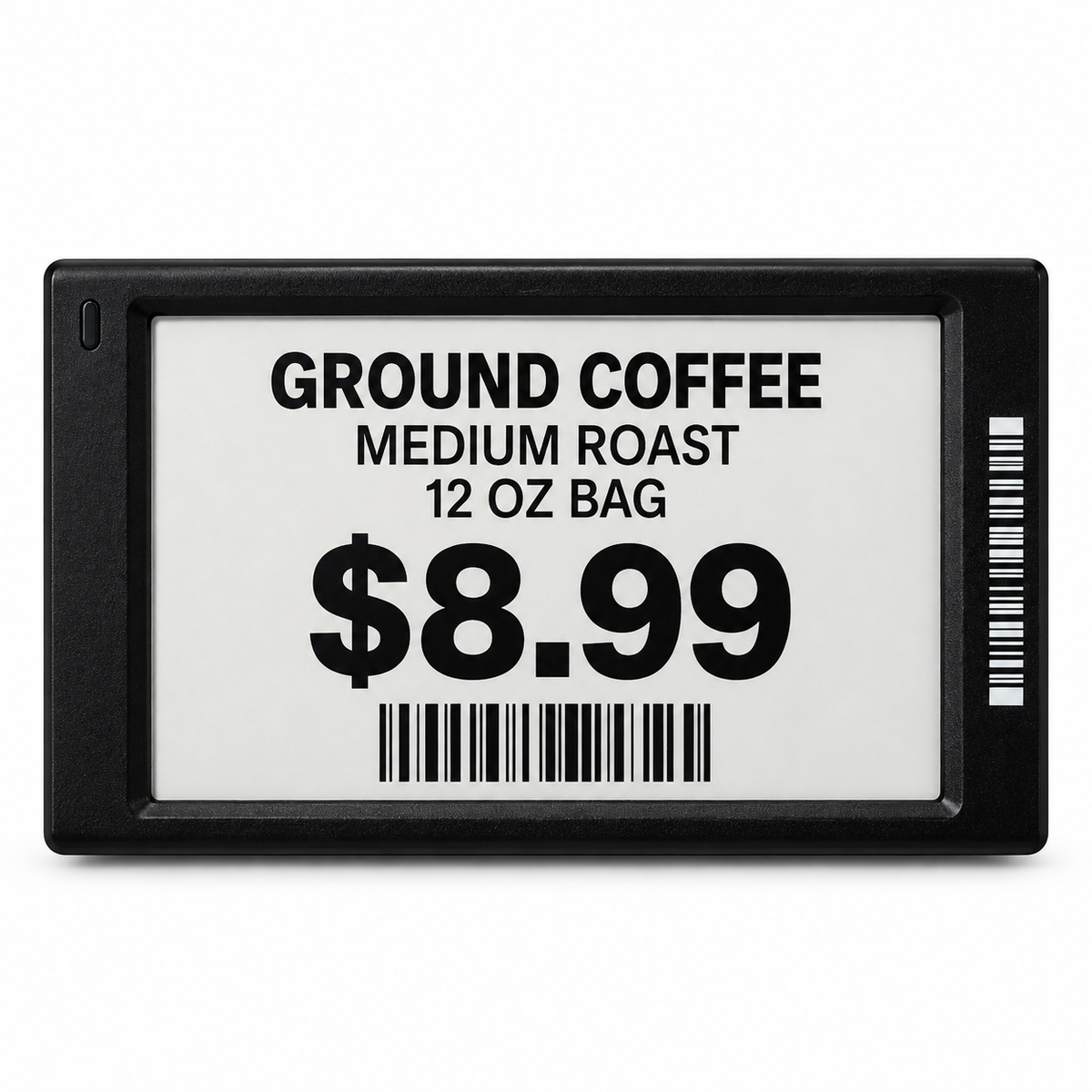 3.7" Electronic Shelf Label isolated on a white background with sample grocery pricing