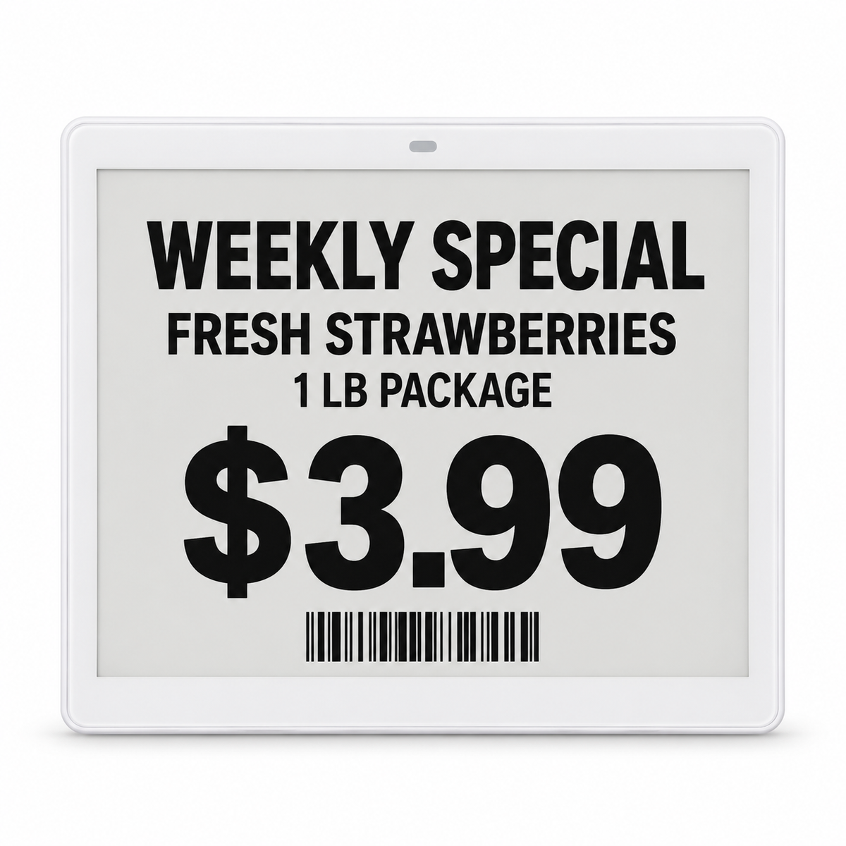5.8" Electronic Shelf Label isolated on a white background with sample grocery pricing