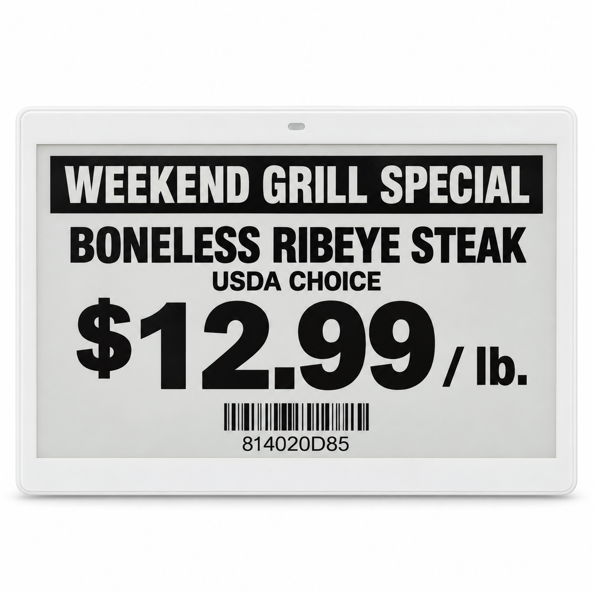 7.5" Electronic Shelf Label with sample grocery pricing on a white background